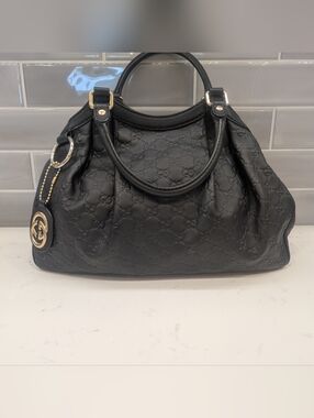 Gucci Black Embossed GG Leather Medium Sukey Satchel with Gold Hardware